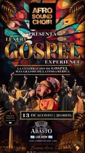 Flyer del concierto en teatro Abasto dado por el coro de música Gospel AfroSound Choir el 13 de agosto